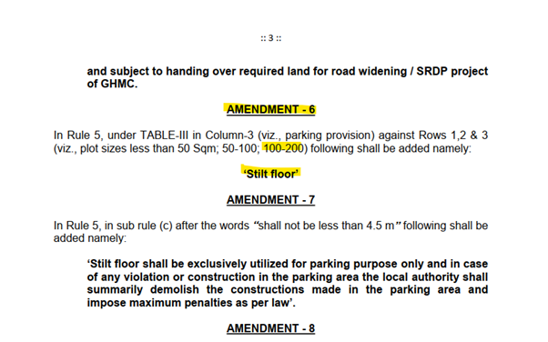 Amendment 6 excerpt showing stilt floor allowed for 100–200 sq.m plots